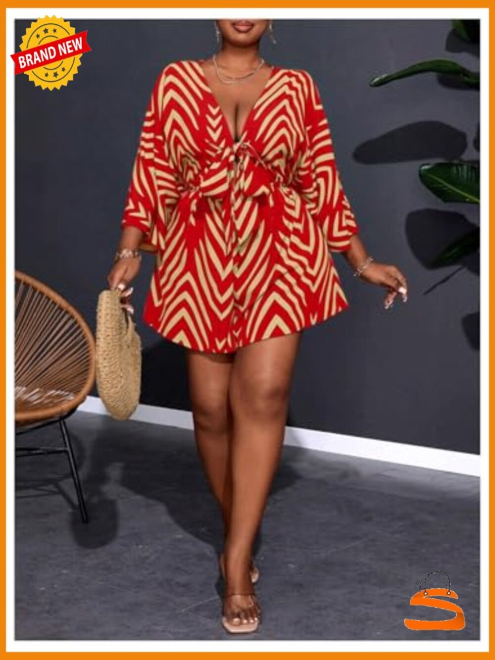 Plus Size Striped V Neck Tie Front Romper 3/4 Sleeve Loose Fit Jumpsuit - Picture 4 of 5